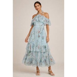 Few Moda New York Floral Ruffle Midi Dress Blue Cold Shoulder Tiered Size M